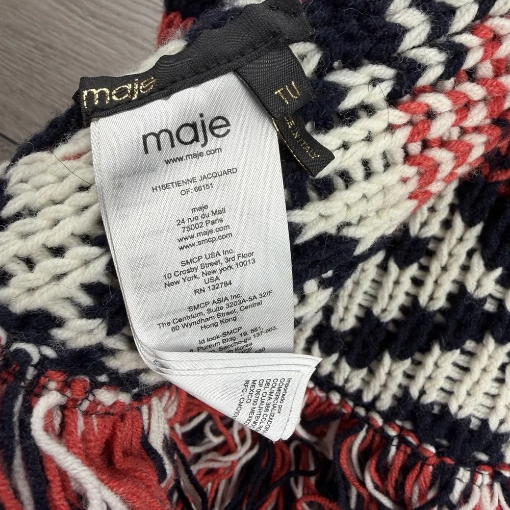 Maje Long Knit Scarf Nordic Geometric Pattern Fringe Winter Red Black White